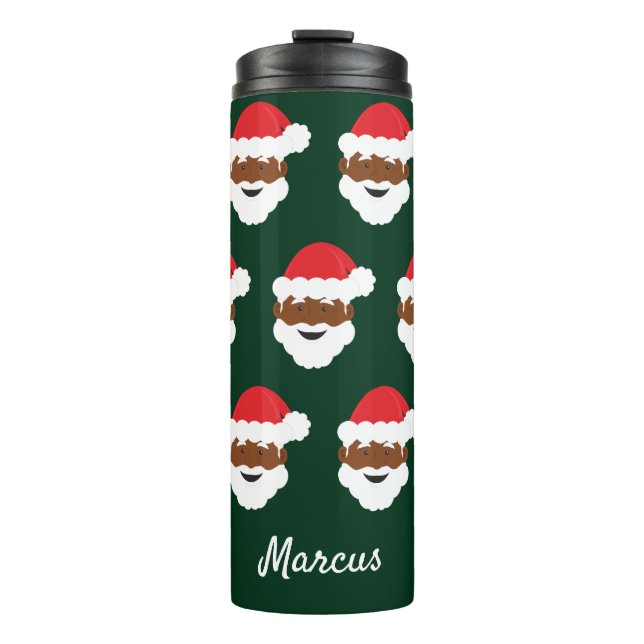 Black Santa Claus Brown Skin Green Christmas Thermal Tumbler (Front)