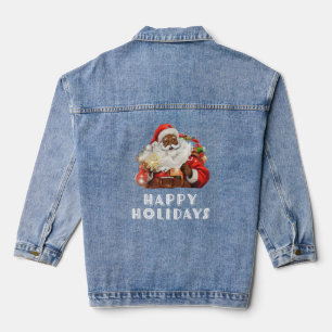 Black Santa Claus Happy Holidays Denim Jacket