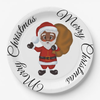 Black Santa Claus Merry Christmas Paper Plate