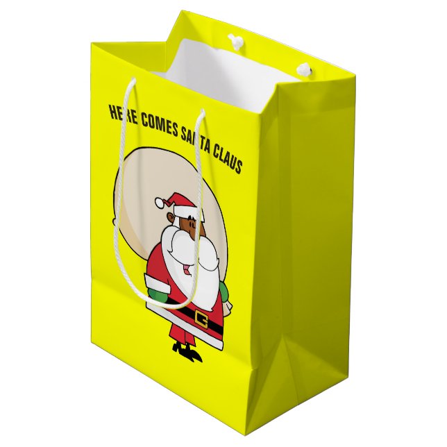 Black Santa Claus with Toy Sack Medium Gift Bag (Front Angled)