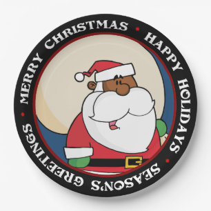 Black Santa Claus with Toy Sack Paper Plate