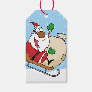 Black Santa Clause on Sleigh Paper Gift Tag