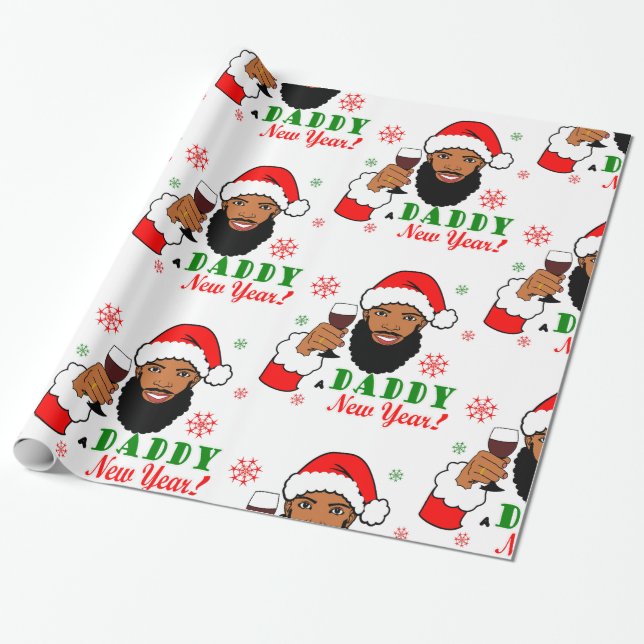 Black Santa Daddy Christmas Man Men Beard Wrapping Paper (Unrolled)