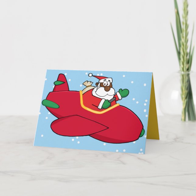 Black Santa flying in aeroplane Holiday Card (Front)