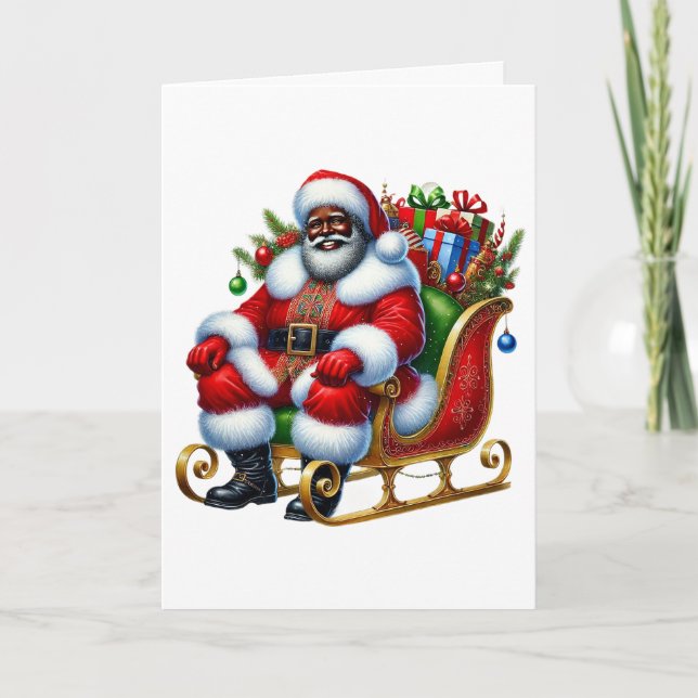 Black Santa in Sleigh Personalised Christmas Card (Front)