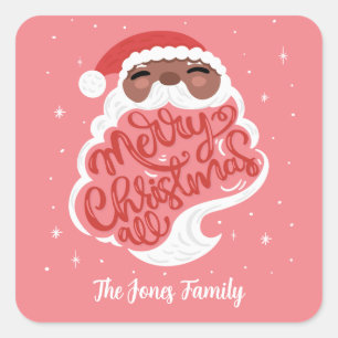 Black Santa, Merry Christmas All, Family Name Pink Square Sticker