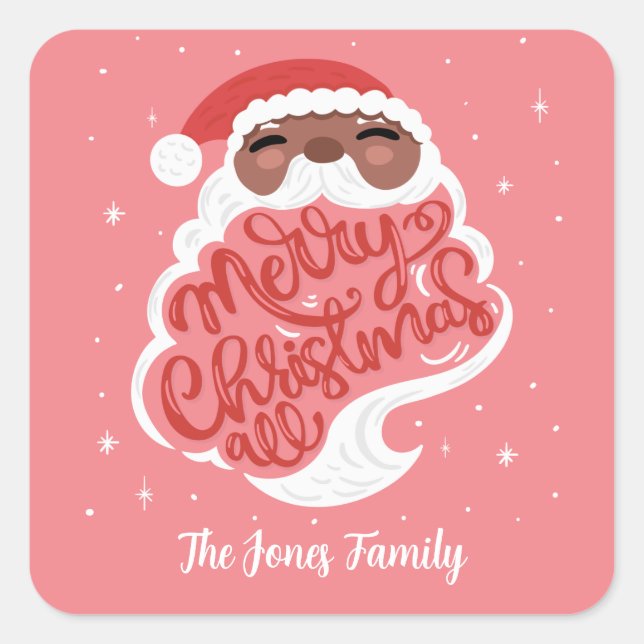 Black Santa, Merry Christmas All, Family Name Pink Square Sticker (Front)