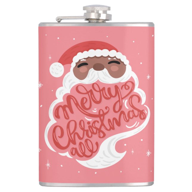 Black Santa | Merry Christmas All | Pink Hip Flask (Front)
