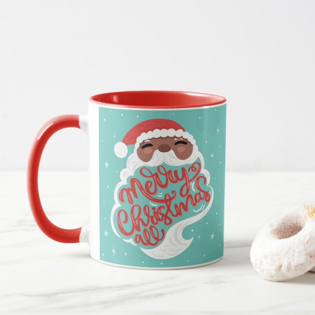 Black Santa | Merry Christmas All | Turquoise Blue Mug (With Donut)