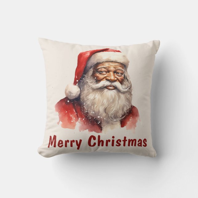 Black Santa Merry Christmas Throw Pillow (Front)