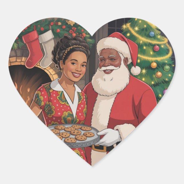 Black Santa & Mrs. Claus Christmas Card  Heart Sticker (Front)
