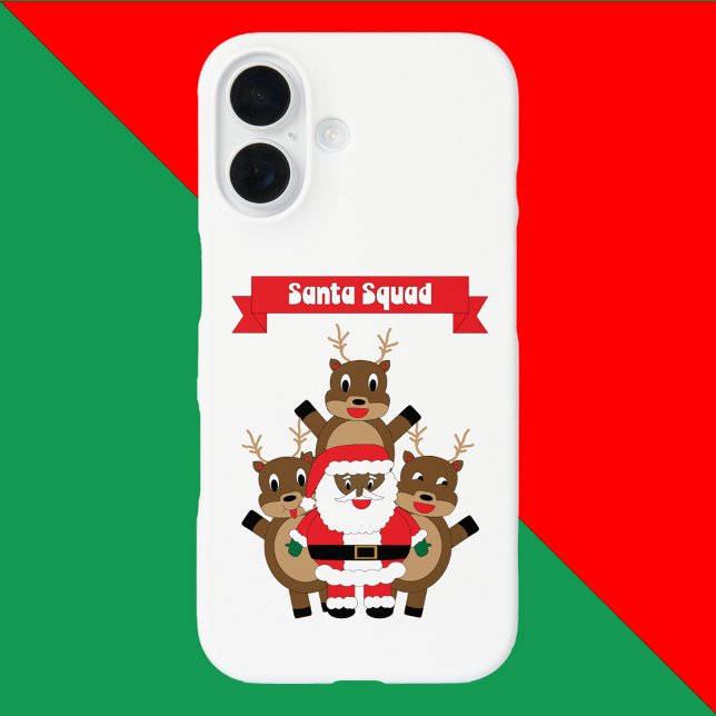 Black Santa Squad Christmas Reindeer Funny Case-Mate iPhone Case (A phone case with a black Santa and reindeer under a banner that reads Santa Squad.)