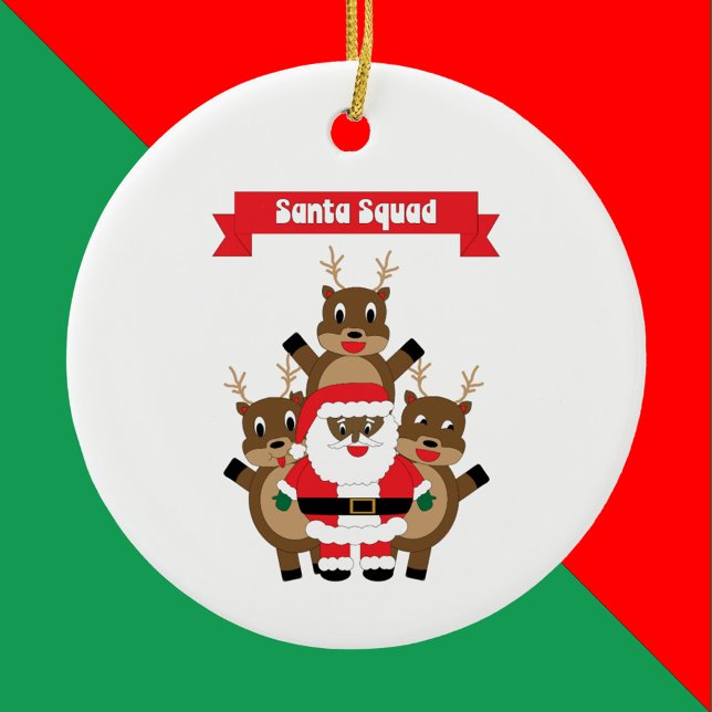 Black Santa Squad Reindeer Funny Ceramic Ornament (An ornament with a black Santa and reindeer under a banner that reads Santa Squad.)