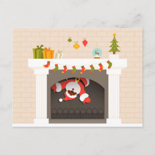 black santa stuck in fireplace holiday postcard
