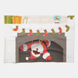 black santa stuck in fireplace tea towel