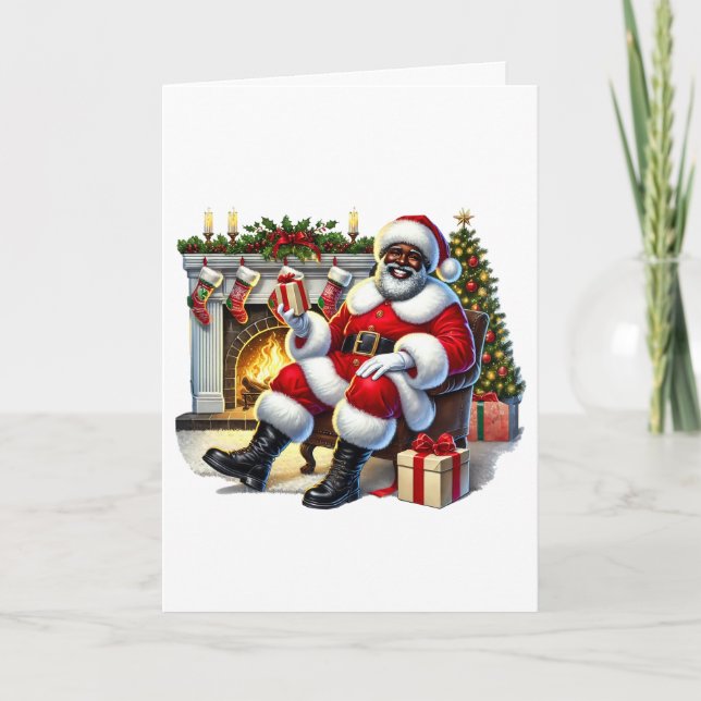 Black Santa with Fireplace Personalised Christmas Card (Front)