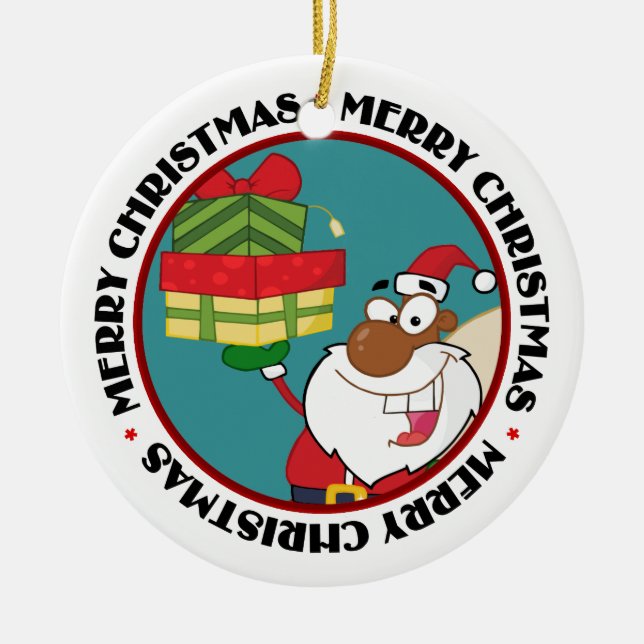 Black Santa with Gifts Ceramic Tree Decoration (Front)