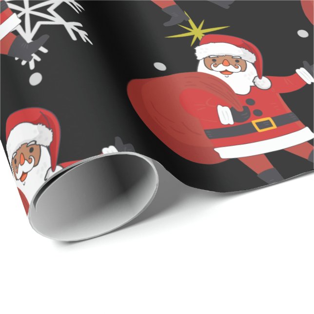 Black Santa With Snowflakes And Stars Christmas Wrapping Paper (Roll Corner)