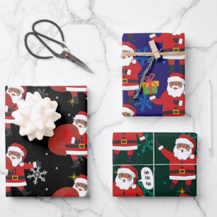 Black Santa With Snowflakes And Stars Christmas Wrapping Paper Sheet