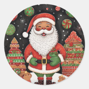 Black Santa's Christmas Joyful Smile Classic Round Sticker