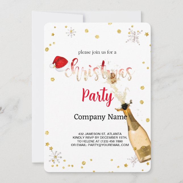 Black, Santa's Hat,Champagne Christmas Company Invitation (Front)
