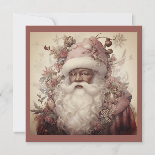 Black Santa's Rococo Look - Pink Floral Touch  Holiday Card (Front)