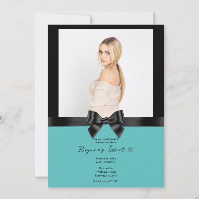 Black Satin Bow Teal Turquoise Photo Sweet 16 Invitation (Front)