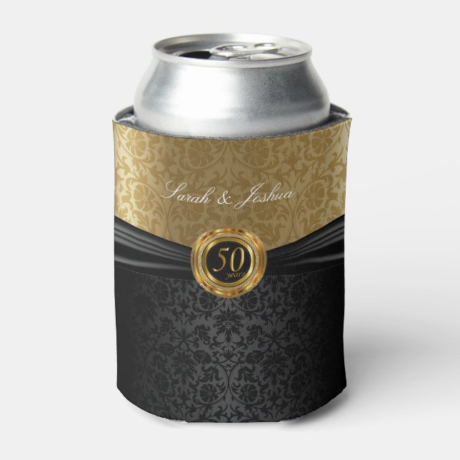 Black Satin & Gold Damask - 50th Anniversary Can Cooler (Can Front)
