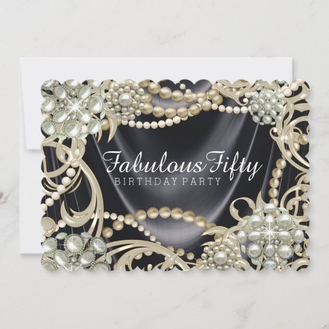 Black Satin Pearl Glamourous Birthday Party Invitation (Front)