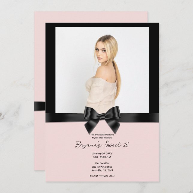 Black Satin Ribbon Bow Blush Pink Photo Sweet 16 Invitation (Front/Back)