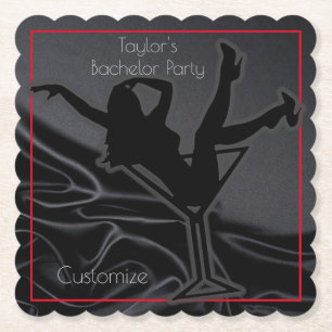 Black Satin Silhouette Bachelor Party Paper Coaster
