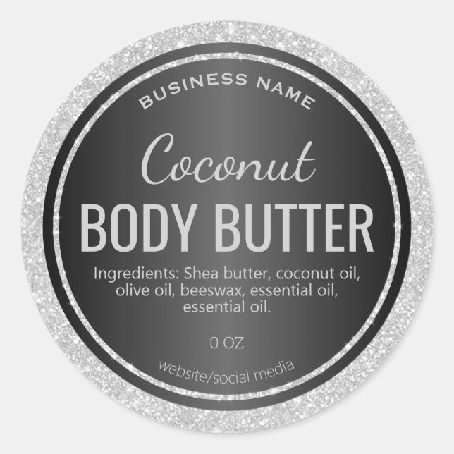 Black Satin Silver Glitter Body Butter Labels (Front)