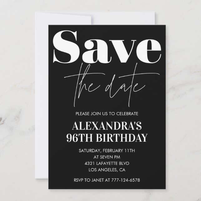 Black Save the date 96th birthday Invitation (Front)