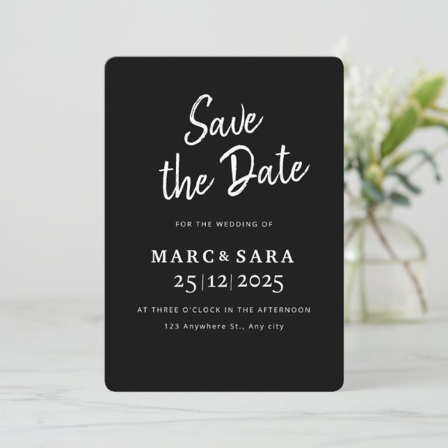 Black Save the Date Editable, Modern Black Minimal (Standing Front)