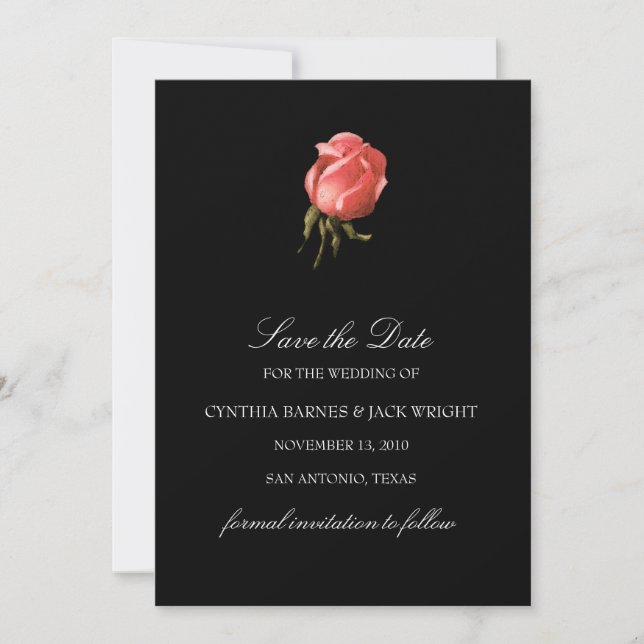 Black Save the Date Pink Rose Bud (Front)