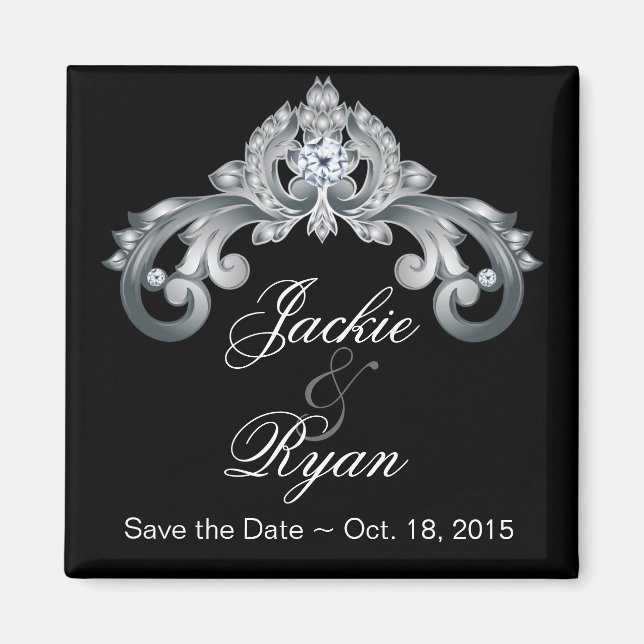 Black Save the Date Wedding Elegant Silver Anniver Magnet (Front)