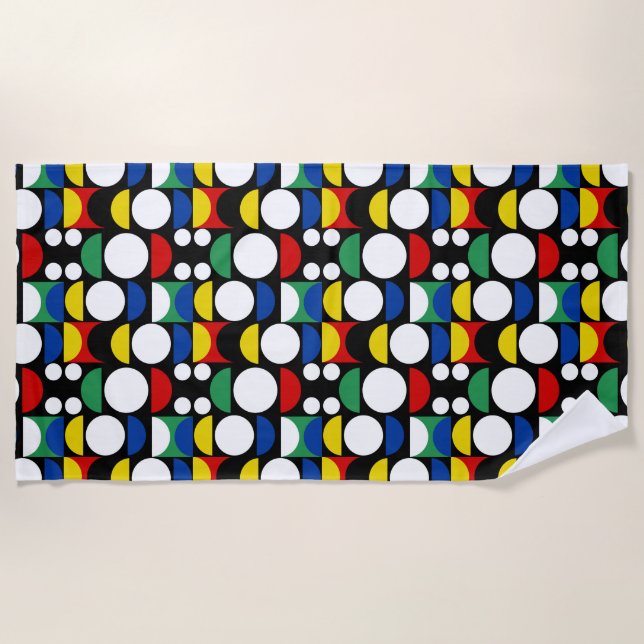 Black Scandinavian Bauhaus Mid-Century Pattern Beach Towel (Front)