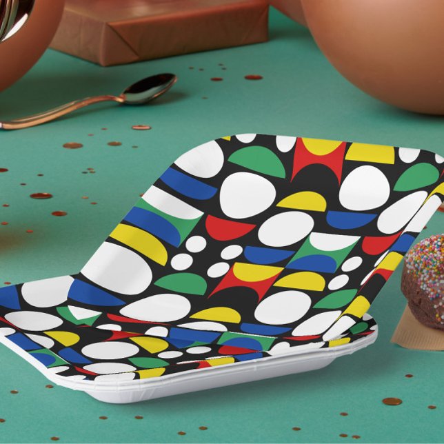 Black Scandinavian Bauhaus Mid-Century Pattern Paper Plate (Creator Uploaded)
