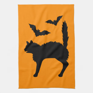 Black Scared Cat With Bats Halloween Orange Tea Towel