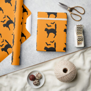 Black Scared Cat With Bats Halloween Orange Wrapping Paper