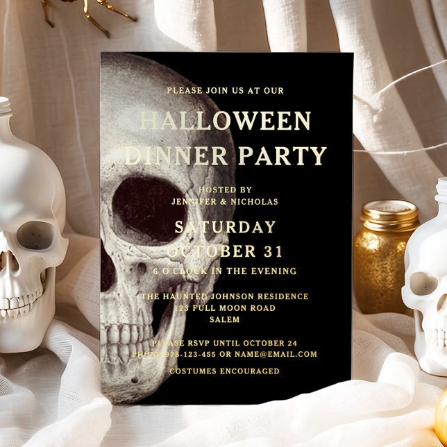 Black Scary Skull Adult Dinner Party Halloween (Gold Foil Dead Skull Halloween Dinner Party Foil Invitation)