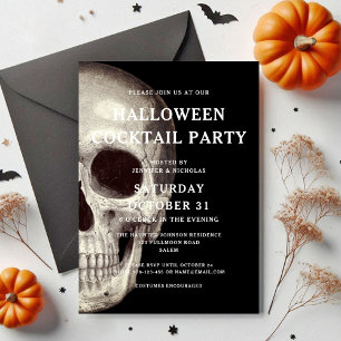 Black Scary Skull Adult Halloween Cocktail Party Invitation