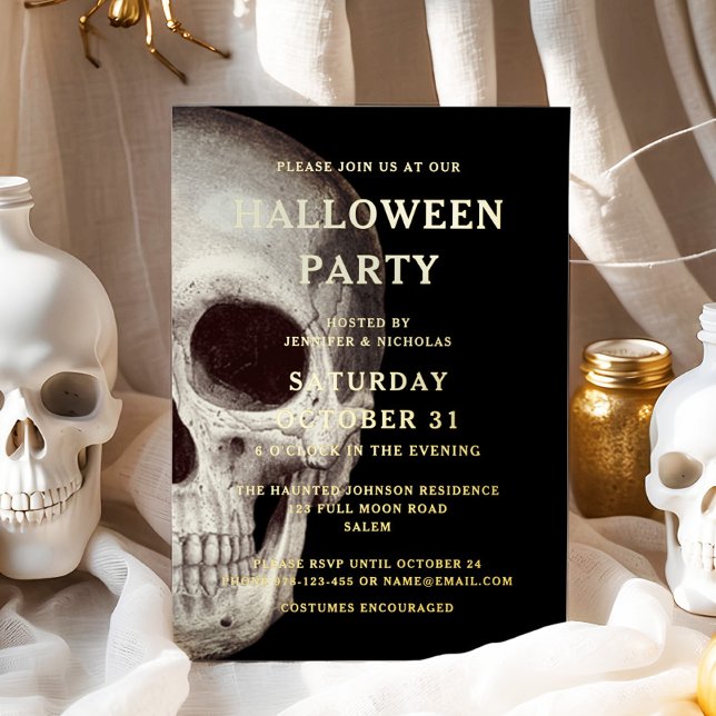 Black Scary Skull Adult Halloween Gold (Black Scary Skull Adult Halloween Gold Foil Invitation)