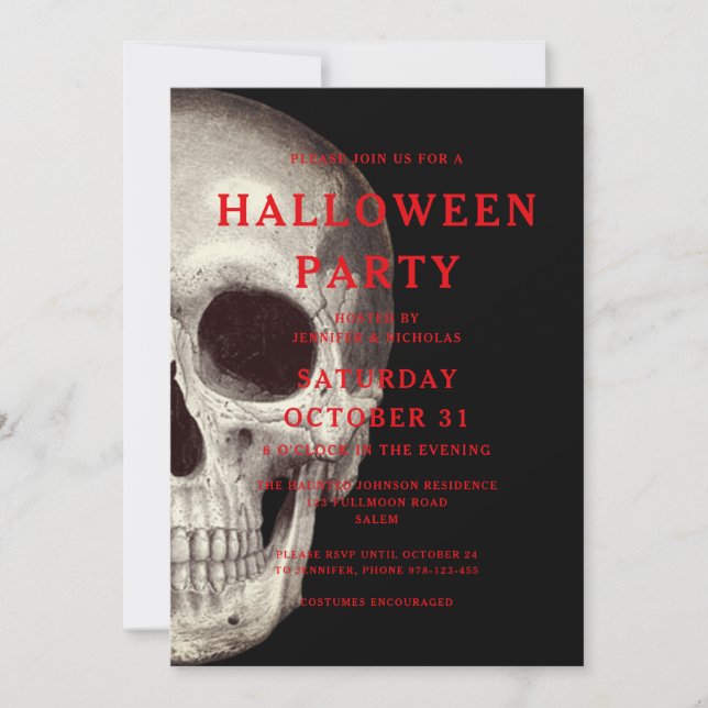 Black Scary Skull Adult Halloween Invitation (Front)