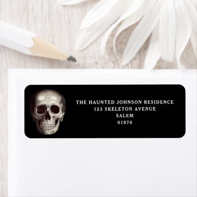 Black Scary Skull Halloween Return Address Label (Insitu)