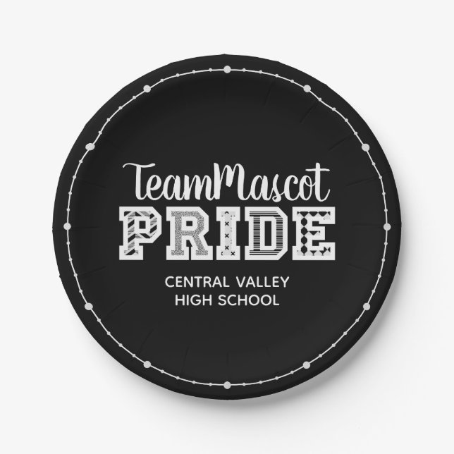 Black School Pride Mascot Name Paper Plates (Front)