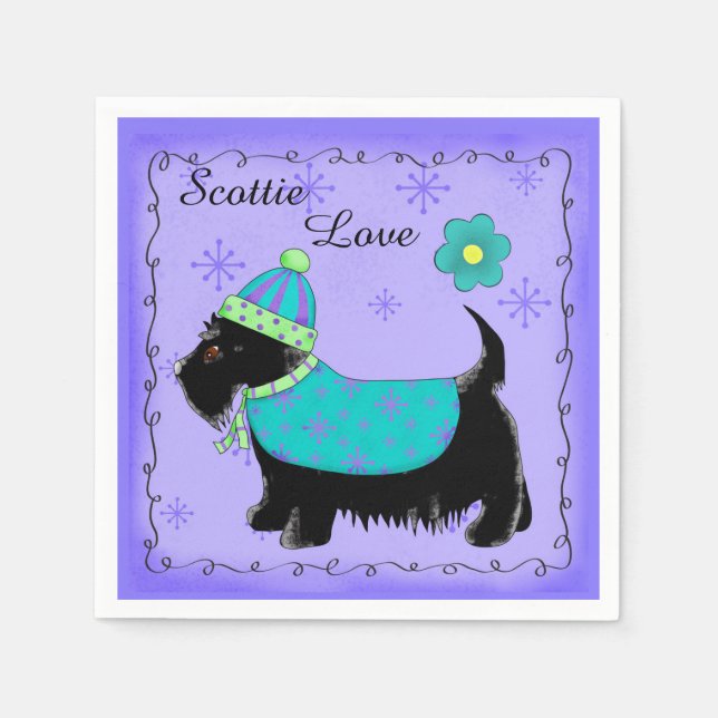 Black Scottie Dog Clothed Love Purple Napkin (Front)