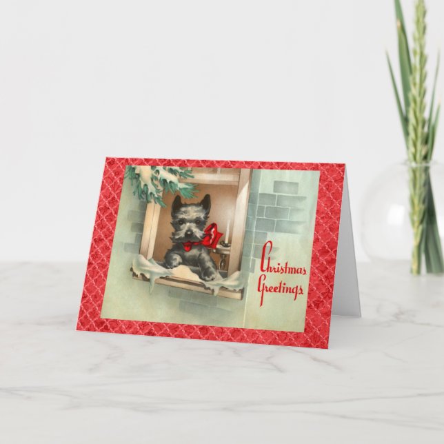Black Scottie Dog in Window Red Holiday Card (Front)