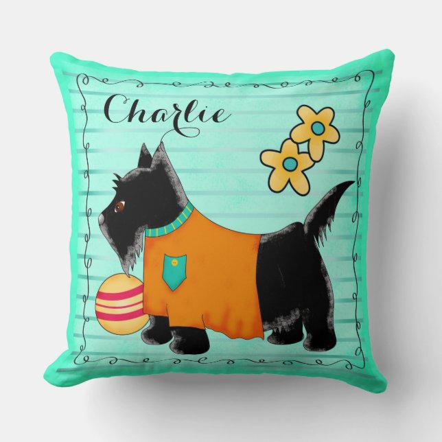 Black Scottie Dog Name Personalised Teal Green Cushion (Front)