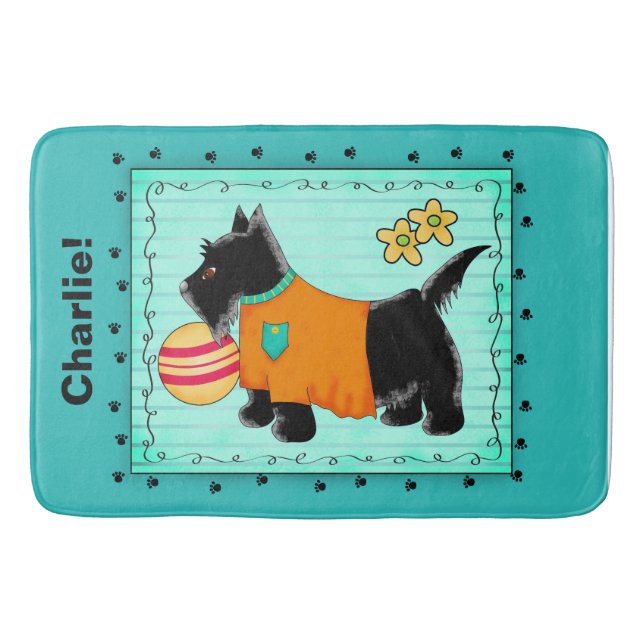 Black Scottie Dog Name Personalised Turquoise Teal Bath Mat (Front)
